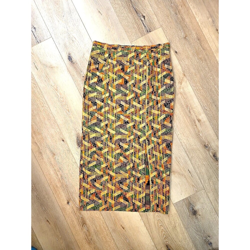 Vtg Hand Made 90s Artisan Multicolor Geometric Midi Pencil Skirt Med Front Slit